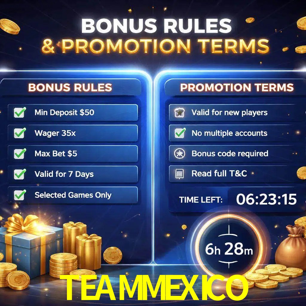 Reglas de promoción TEAMMEXICO y condiciones de bonos explicadas visualmente