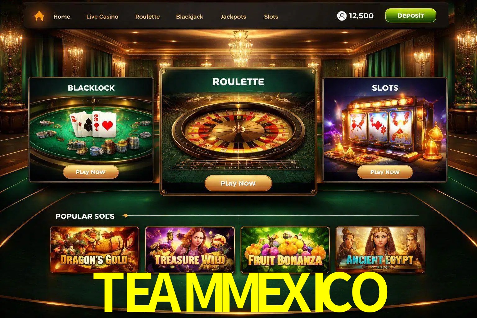 Vista de la plataforma TEAMMEXICO Casino mostrando categorías organizadas de juegos en línea