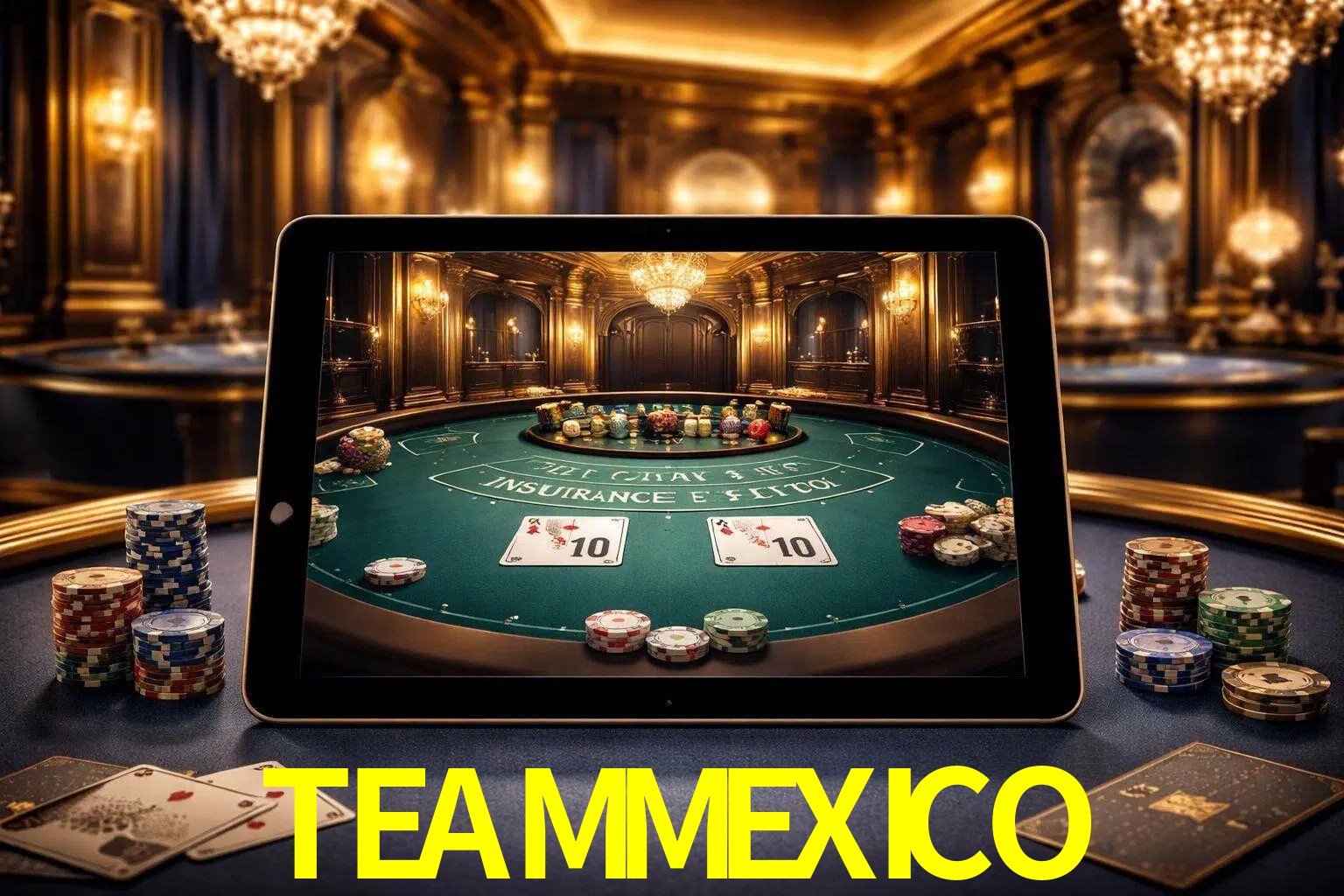 Configuración moderna de casino en vivo con una tableta mostrando una mesa de blackjack, luces cálidas de estudio y una atmósfera elegante de juegos digitales.