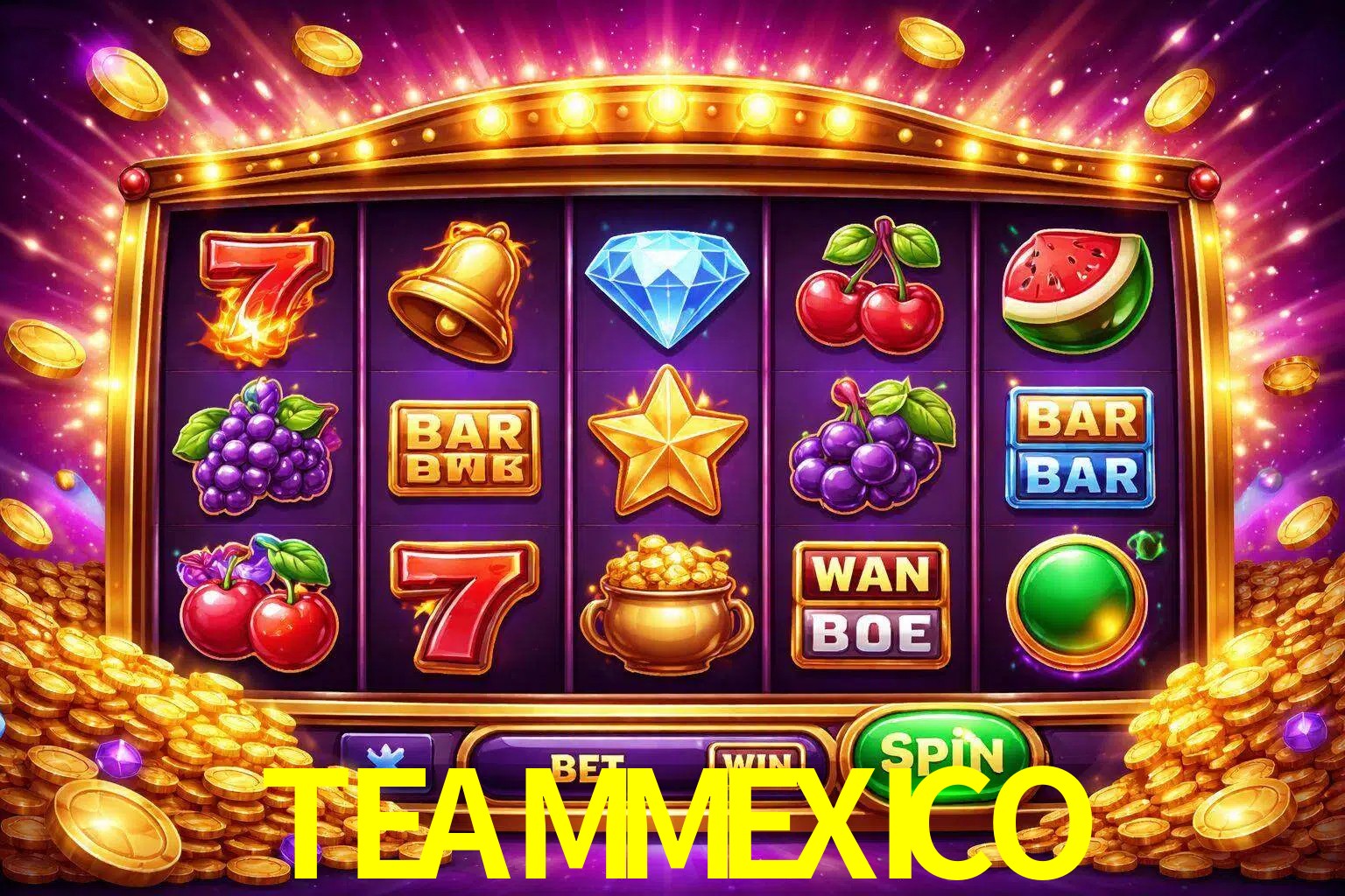 Una interfaz colorida de tragamonedas en línea con símbolos brillantes, monedas y un efecto de victoria celebratoria en TEAMMEXICO.