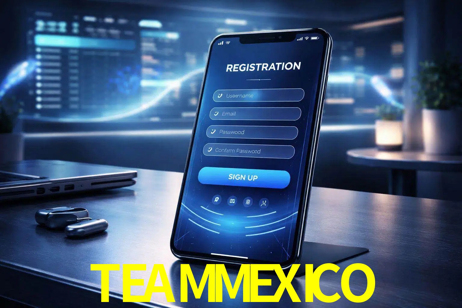 Una interfaz moderna de registro móvil para TEAMMEXICO mostrada en un smartphone con un panel de apuestas elegante.